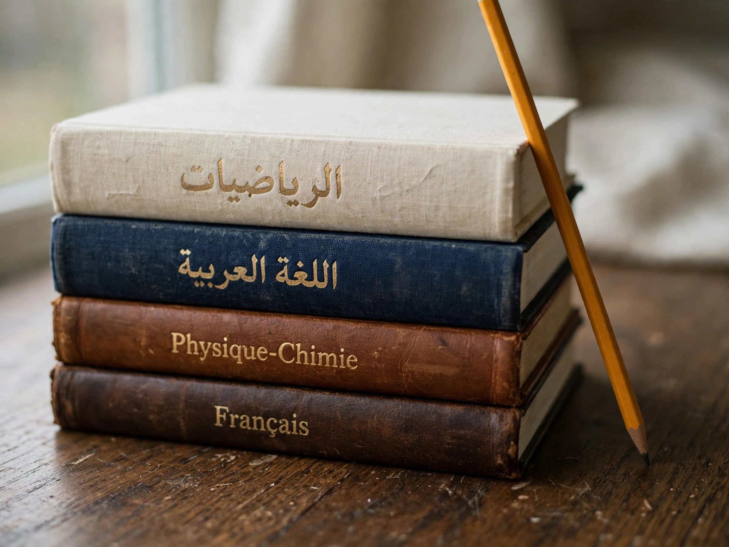 Une pile de manuels scolaires — mathématiques et langue arabe, physique-chimie et français — avec un crayon posé contre elle