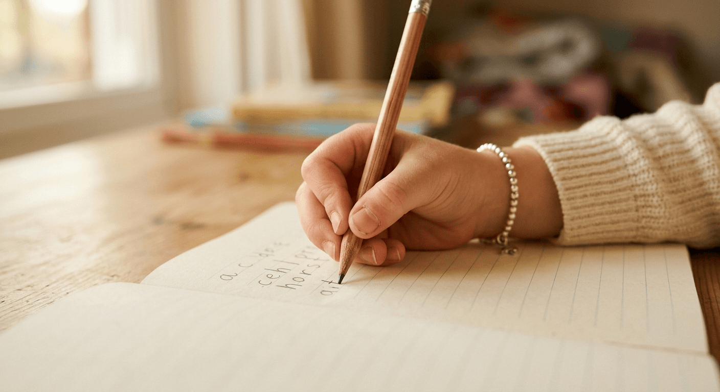 Main d'un enfant écrivant au crayon dans un cahier, à la lumière du jour