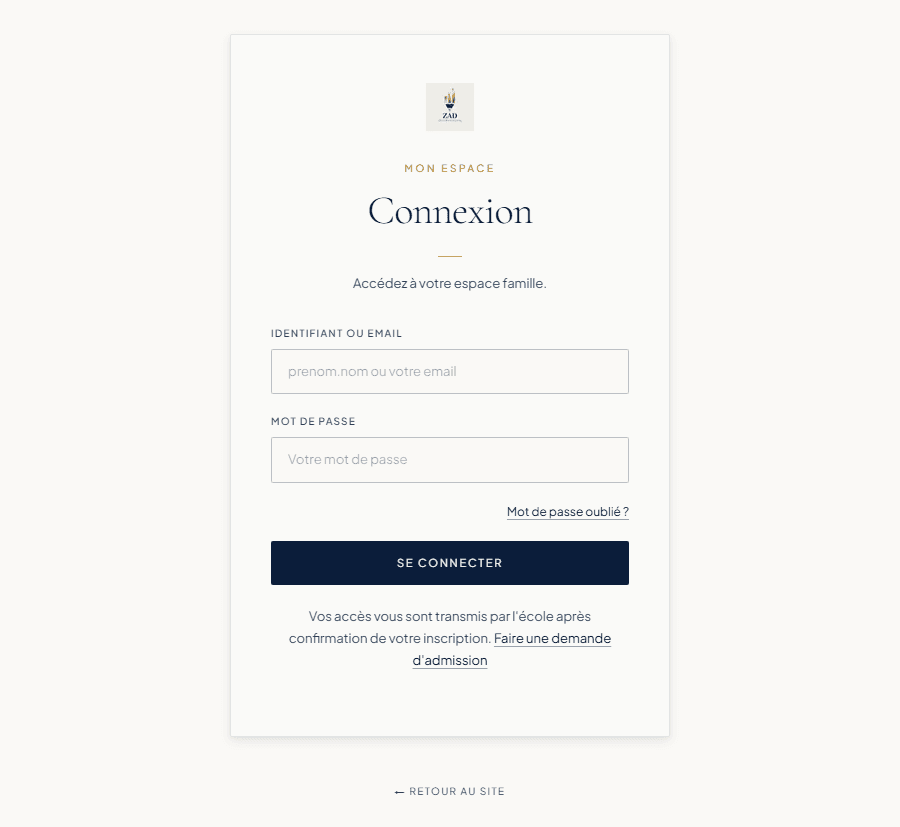 Page de connexion à l'espace famille ZAD : logo, champs identifiant et mot de passe
