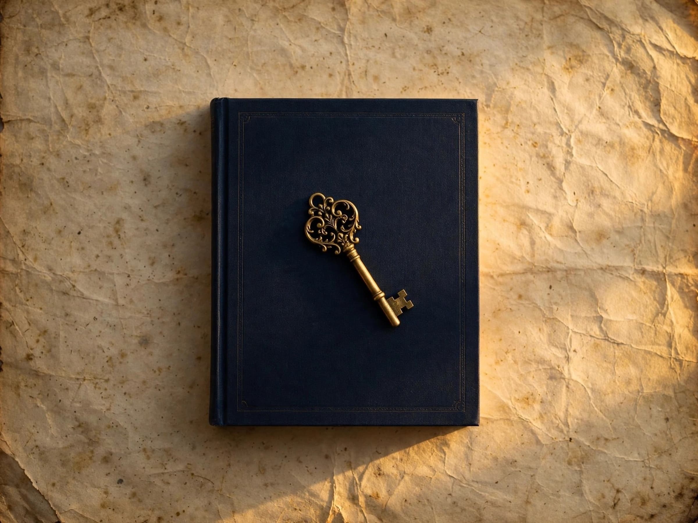 Un livre relié bleu nuit posé sur un parchemin ancien, une clé ouvragée dorée posée sur sa couverture